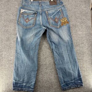 Y2K Baggy Embroidered Distressed Jeans Mens 44x34 Streetwear Denim